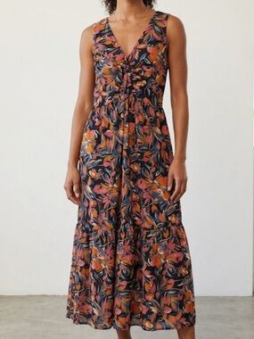 FRENCH CONNECTION Floral Twist Front Midi Dress, Women’s M, Black Pink Orange